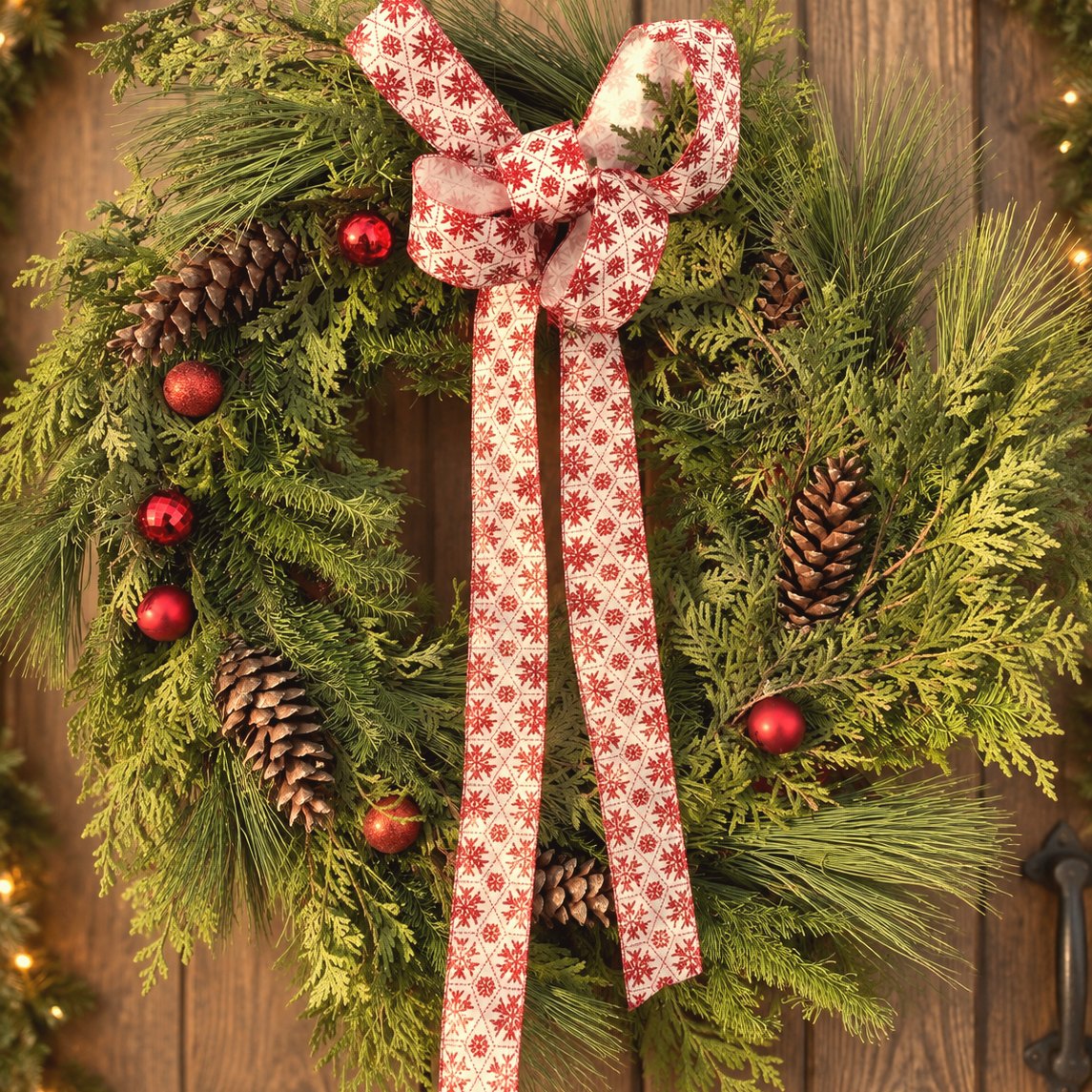 Couronne de Noël faite à la main avec cocottes, boules rouges et ruban à flocons